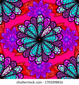 Nice flower vector pattern. Flowers on blue, magenta and black colors. Flat Flower Elements Design. Colour Spring Theme seamless pattern Background.