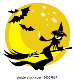 Nice flying witch on a moon background. Halloween illustration.