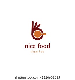 nice food logo, frying pan with finger logo design concept