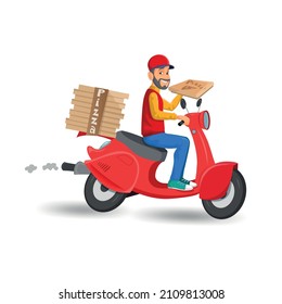 Nice food-delivery man of pizzeria on a scooter with boxes of pizza on white background