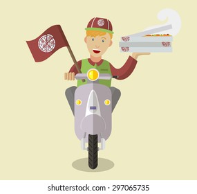 Nice food-deliveryboy of pizzeria on a scooter with boxes of pizza, flat design