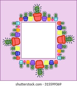 Nice frame made of many cute cactuses in colorful pots on purple pastel background