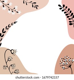 A nice frame for posts on social networks. Modern design template. Abstract pink spots with natural patterns of leaves and twigs of herbs. vector illustration