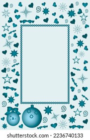 Nice frame for writing and congratulations. Merry Christmas and Happy New Year. Abstract design. Christmas balls, hearts, snowflakes, beads, postcard. Digital vector illustration