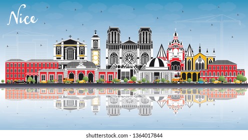 Nice France City Skyline with Color Buildings, Blue Sky and Reflections. Vector Illustration. Business Travel and Concept with Historic Architecture. Nice Cityscape with Landmarks. 