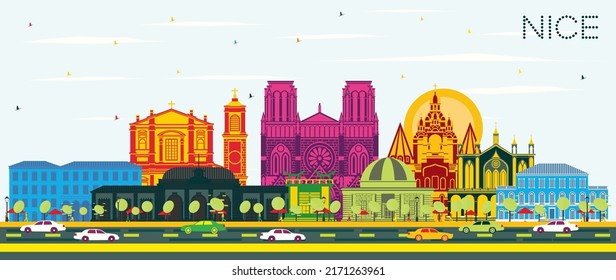 Nice France City Skyline with Color Buildings and Blue Sky. Vector Illustration. Business Travel and Concept with Historic Architecture. Nice Cityscape with Landmarks. 