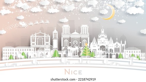 Nice France City Skyline in Paper Cut Style with Snowflakes, Moon and Neon Garland. Vector Illustration. Christmas and New Year Concept. Santa Claus on Sleigh. Nice Cityscape with Landmarks.