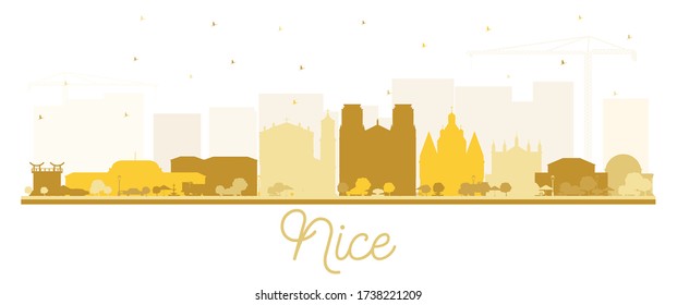 Nice France City Skyline Silhouette with Golden Buildings Isolated on White. Vector Illustration. Business Travel and Tourism Concept with Historic Architecture. Nice Cityscape with Landmarks.