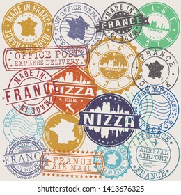 Nice France Set of Stamps. Travel Stamp. Made In Product. Design Seals Old Style Insignia.