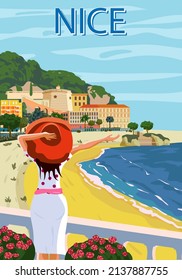 Nice French Riviera coast poster vintage. Woman on vacation, resort, coast, sea, beach. Retro style illustration vector