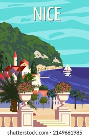 Nice French Riviera coast poster vintage. Mediterranean Resort, coast, sea, palms, beach. Retro style illustration vector isolated