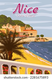 Nice French Riviera coast poster vintage. Resort, coast, sea, palms, beach. Retro style illustration vector