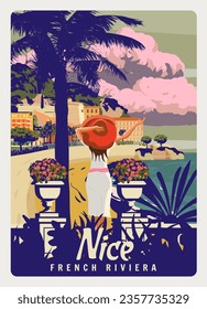 Nice French Riviera coast poster vintage. Lady on vacation, palm, resort, coast, sea, beach. Retro style illustration vector