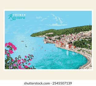 Nice French Riviera coast vector illustration, French beach street hand drawn vector art, Nice French landscape art 