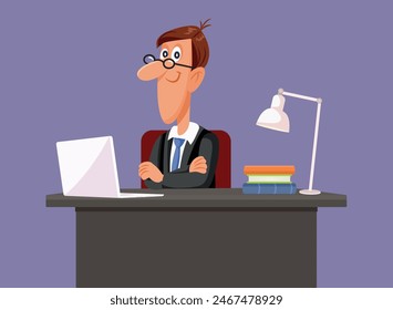 
Nice Friendly Manager Boss Sitting at His Desk Vector Character. Happy entrepreneur feeling excited about his job
