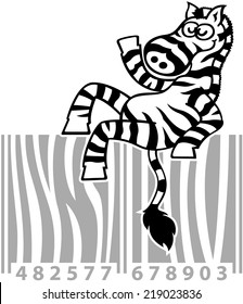 Nice friendly zebra with long tail and pointy ears while seated above a gray code bar made with zebra stripes and waving in a cool and relaxed attitude