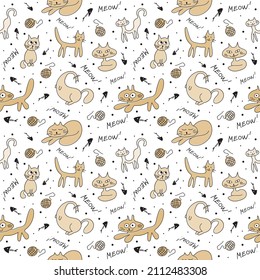 Nice funny doddle cats seamless pattern for textile, wallpaper, prints, fabric, clothes for children. Vector illustration. 