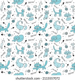 Nice funny doddle cats seamless pattern for textile, wallpaper, prints, fabric, clothes for children. Vector illustration. 