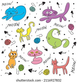 Nice funny doddle cats set collection isolated on white background. Vector illustration for textile, wallpaper, prints, fabric, clothes for children.