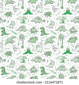 Bonito y divertido patrón de dinosaurios sin fisuras para textiles, papel pintado, huellas, tela, ropa para niños. Ilustración vectorial. 