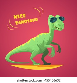 Nice funny green dinosaurus in sunglasses cartoon character toy on red background poster print abstract vector illustration