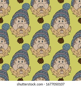 Nice funny seamless pattern hand drawn male character in knitted hat with mustache and beard. Cartoon cone and man. Excellent vector design for wrapping paper, wallpaper and background.