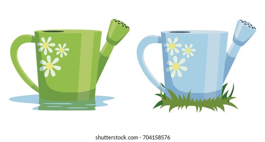 Nice garden watering can vector illustration in flat cartoon style. Garden equipment icon set isolated on white.