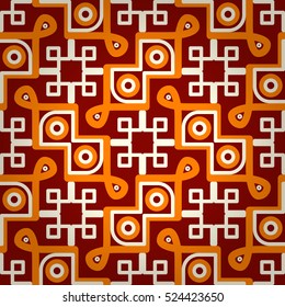 Nice geometric seamless pattern background in maze style. Colorful, graphic design for surface, wallpaper, packing-paper or other purpose. Flat mosaic repeatable backdrop. Actual decor.
