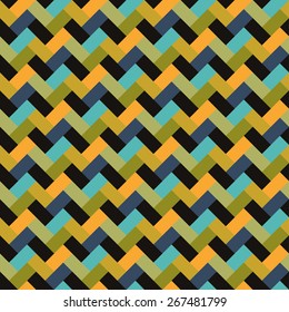 Nice geometric vintage vector background with zigzag in blue, green and yellow colors. For textile, paper, web design. Seamless pattern. Flat design. Endless texture.