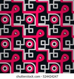 Nice geometrical seamless pattern background in ancient style. Retro texture. Bright, contrast design for textile, surface, packing-paper or other purpose. Knotty puzzle repeatable backdrop.