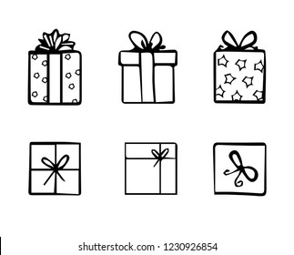 Nice gift box for holiday. Vector illustration of present. Black and white sketch of gift box for Birthday, Christmas, Brit Mila, Hanukkah, St. Valentine's Day.