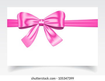 Nice gift card with pink ribbon and bow. Vector illustration