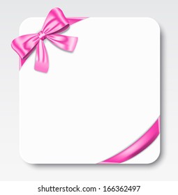 Nice gift card with pink ribbon and bow. Vector illustration