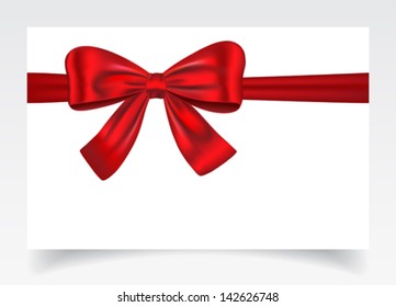 Nice gift card with red ribbon and bow. Vector illustration