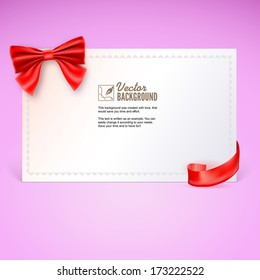 Nice gift card with red ribbon and bow. Vector illustration
