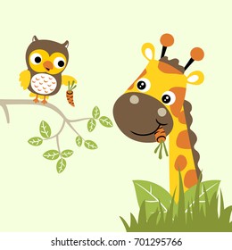 Nice giraffe with owl, vector cartoon illustration