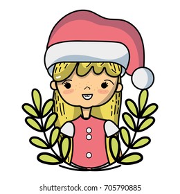 nice girl with christmas clothes and branches leaves design