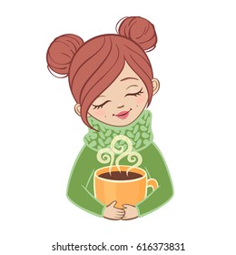 A nice girl and a cup of hot coffee. Isolated on white background.Isolated vector Illustration on white background.