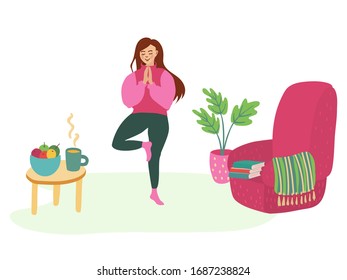 A nice girl doing yoga at home. There is an armchair, books, coffee table with fruit and tea. She is calm and happy of her healthy lifestyle. Hand drawn vector illustration  isolated on white. 