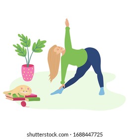 A nice girl doing yoga at home. She is calm and happy of her healthy lifestyle. Cat dreaming on the floor. Hand drawn vector illustration  isolated on white background.