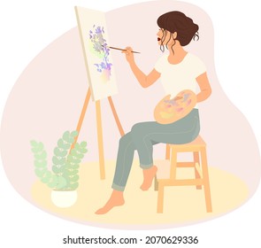 A nice girl draws a picture on an easel. Concentration of creativity and hobbies. Illustration in pastel colors