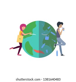 nice girl with eco bag hugs the planet. the bad guy is drinking from the plastic strow and  plastic cup and pollute the planet. sad and happy planet flat vector illustration.