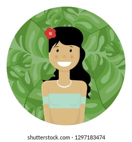 Nice girl with a flower in her black hair. Flat style. Beads on her neck. A smile on her face. Travels. Hawaii, Asia. Palm leaf background