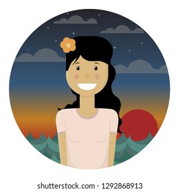 Nice girl with a flower in her hair in t-short. Flat style. A smile on her face. Black hair. Good character. Travels. Hawaii, Asia. Evening landscape on the background. Sea, setting sun, clouds
