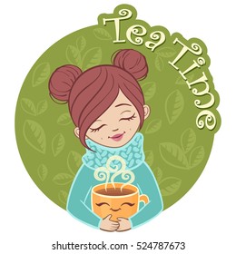 A nice girl holding a hot cup of tea. Day tea. Vector illustration.
