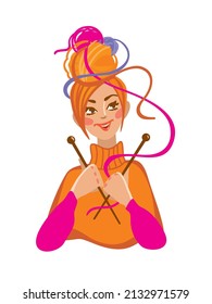 Nice girl holding knitting needles in her hands. Logo on the theme of knitting. Vector illustration.