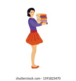 A nice girl holding a stack of books isolated on white background. Great  for themes of donation, charity, library, educational. Vector hand drawn illustration of a student.