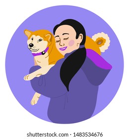 Nice girl hugging her adorable Shiba Inu dog. Best friend and pet love concept. Vector hand drawn illustration. Violet and yellow colors.