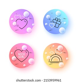 Nice girl, Lgbt and Heart minimal line icons. 3d spheres or balls buttons. Love gift icons. For web, application, printing. Love heart, Rainbow flag. Nice girl line icon banner. Vector