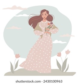 Nice girl in a long dress with floral pattern walking outdoor. Beautiful young woman with a flowers. Vector summer illustration in a flat style.